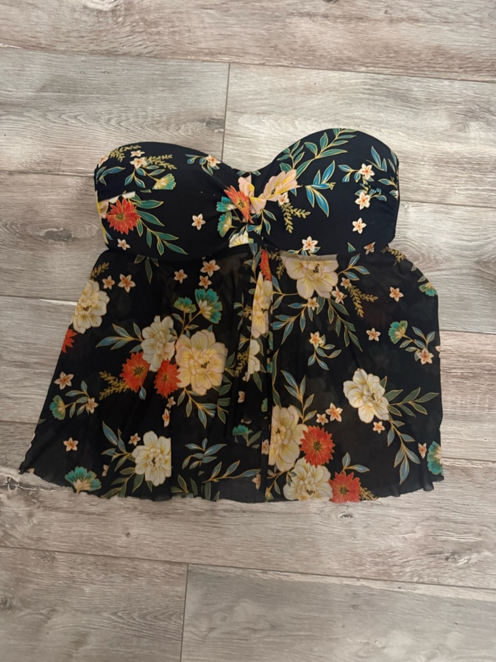Black Floral Strapless Swim Top / Babydoll cut